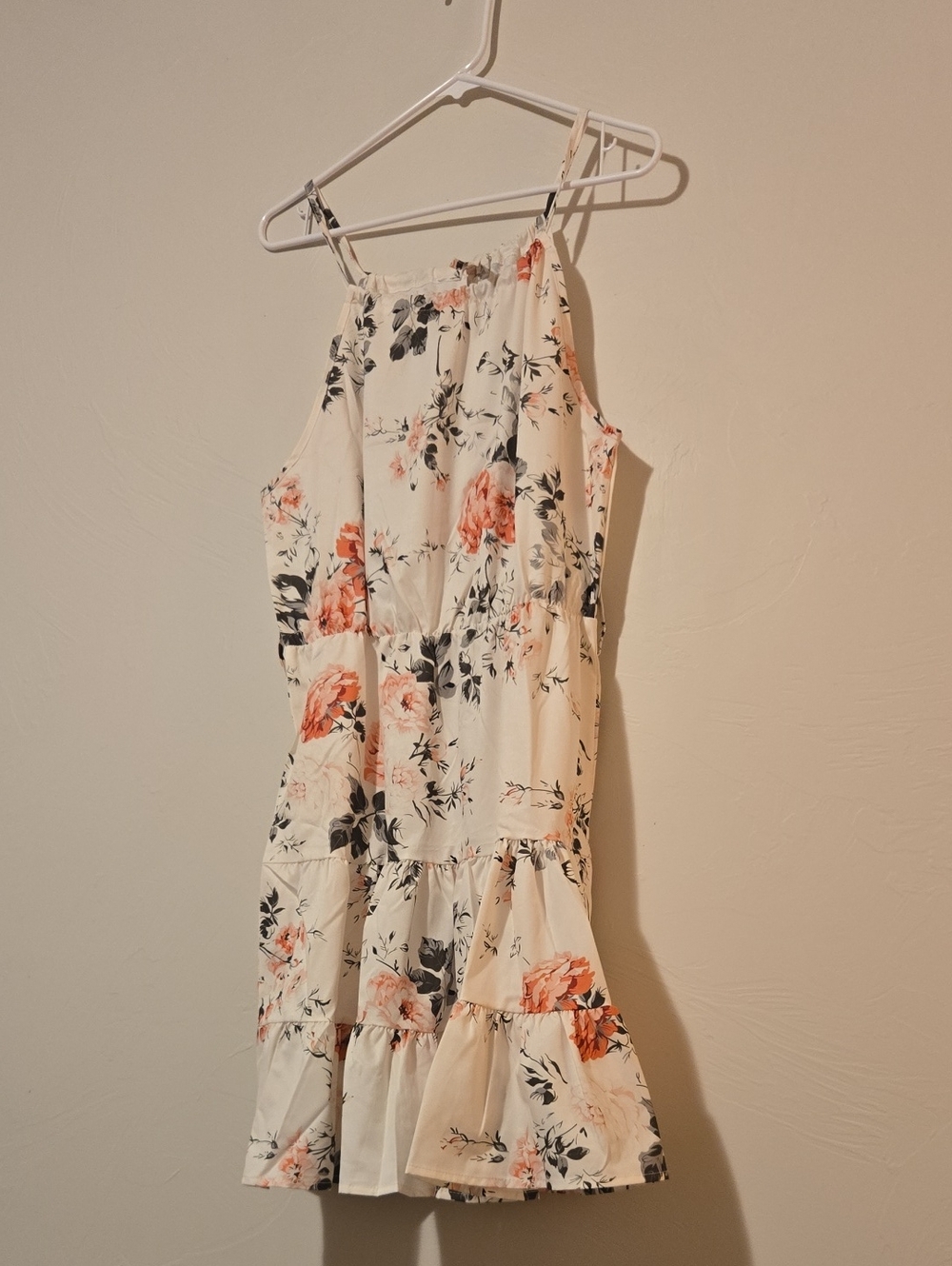 Floral Tiered Spaghetti-Strap Dress - Cream with Peach Blooms